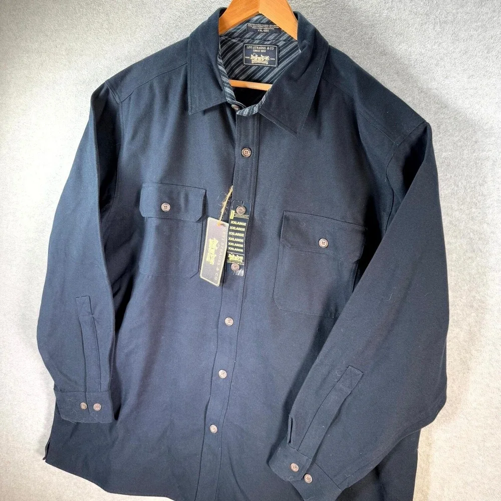 Levi's Overcoat Men's 2XL Navy Blue‎ Collared Long Sleeve Flap Pockets Button-Up